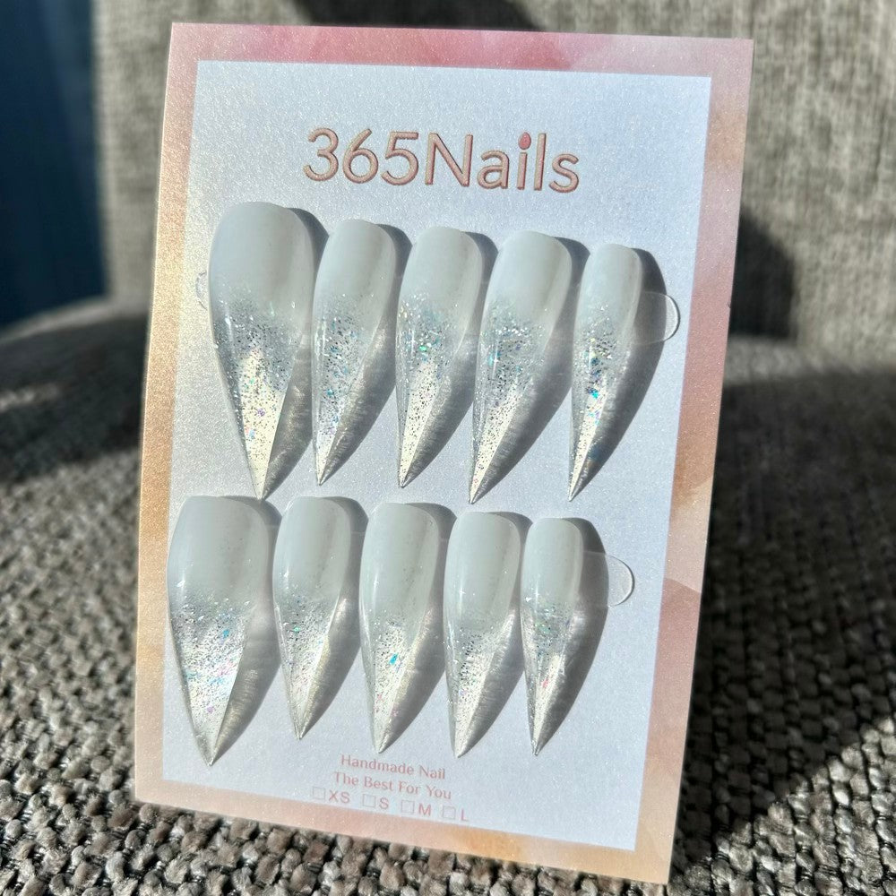 Frost Crystal Claw Stiletto Milky White with Iridescent Glitter Gradient Handmade Dragon Nail