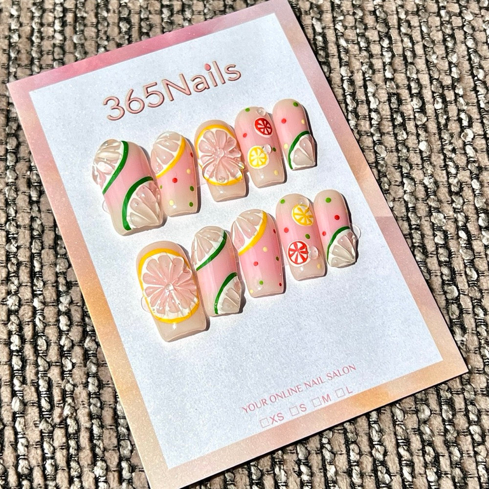 365nails: "Lemonade Sparkle" – 3D Citrus Handmade Long Square Press On Nails