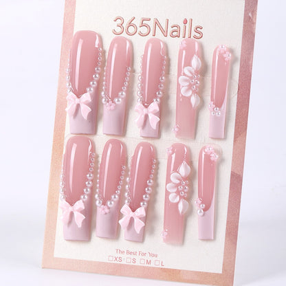 365nails blush‑pink French with pearl bows long square press‑ons
