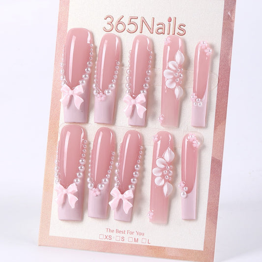 365nails blush‑pink French with pearl bows long square press‑ons
