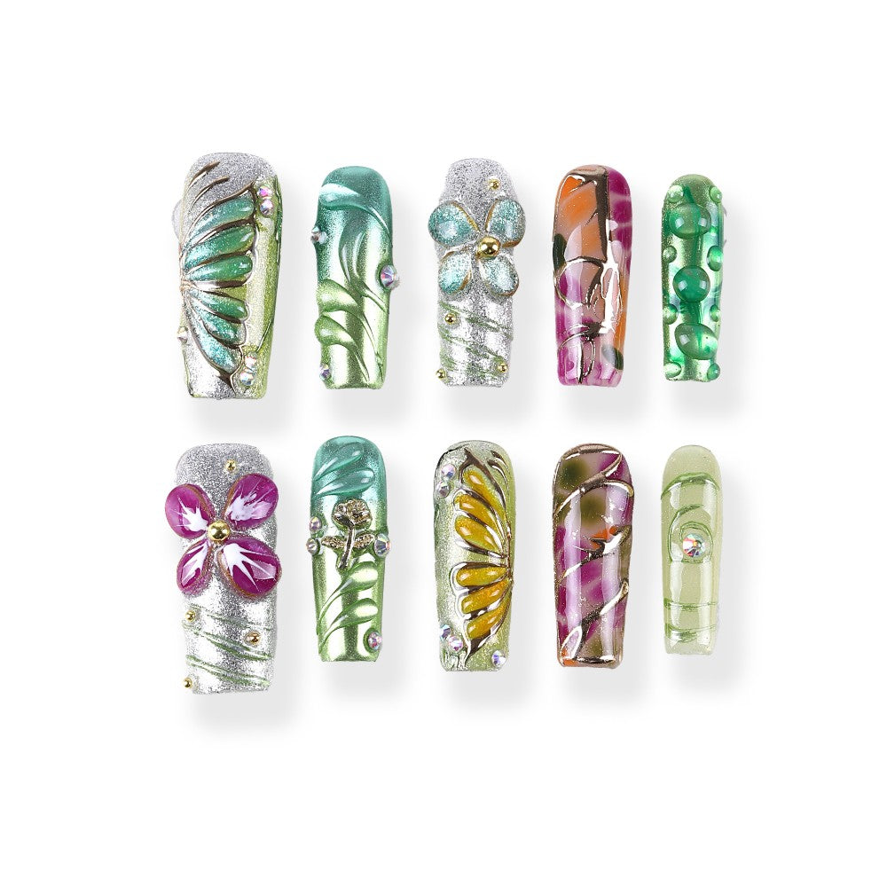 Iridescent Flower·Gold Thread Diamond Medium Square press on nail