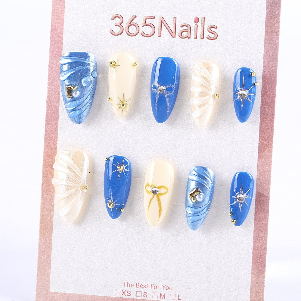Blue and Pearl White Press-On Nails with Gold Accents and 3D Wave Design