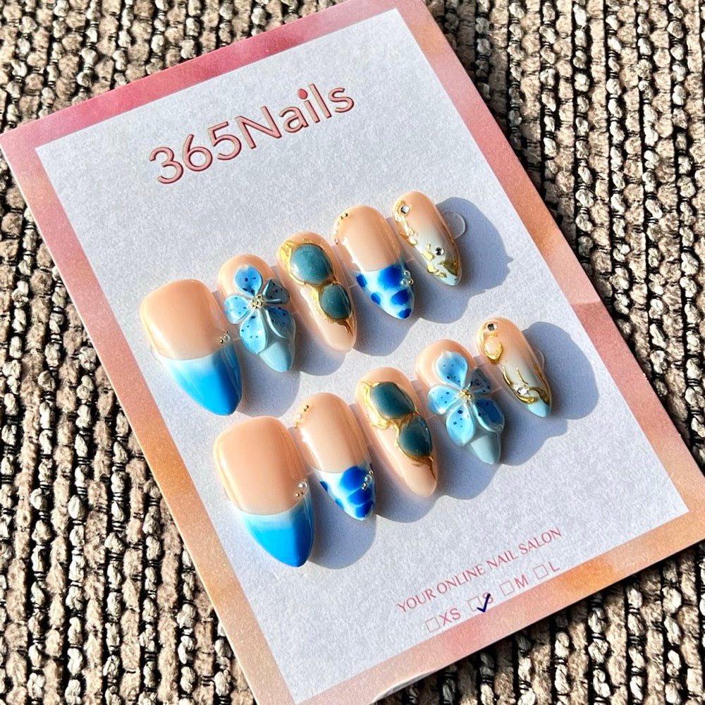 365nails: "Blue Floral & Gold French" – Handmade Short Almond Press-On Nails