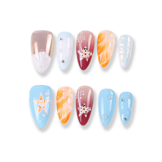 Coral Starfish Summer Press-On Nails | Sea-Salt Blue × Sunset Orange × Wine Gradient, Shell Carving & Rhinestones, 10pcs