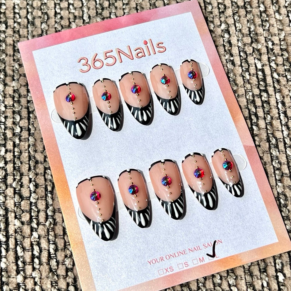 365nails: "Nude Black Zebra Rhinestone Gold Mix" – Handmade Medium Stiletto Press-On Nails