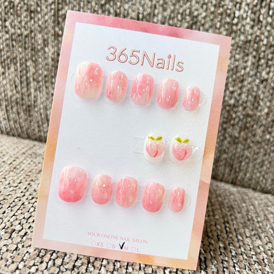 365Nails: "Marbre Pêche" – ongles press-on faits main (Série Candy / Style Frais et Sucré)