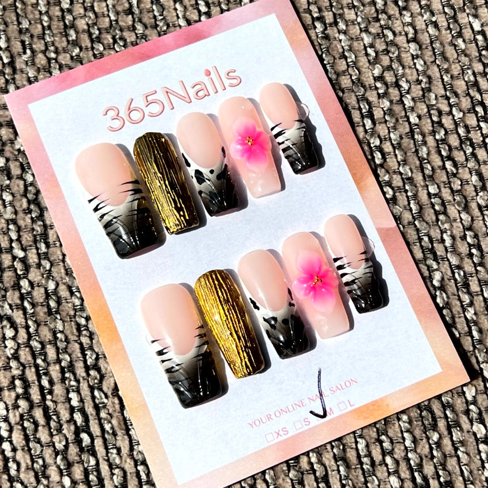 365nails: "Velvet Rose" – 3D Floral French Tip Handmade Medium Square Nails