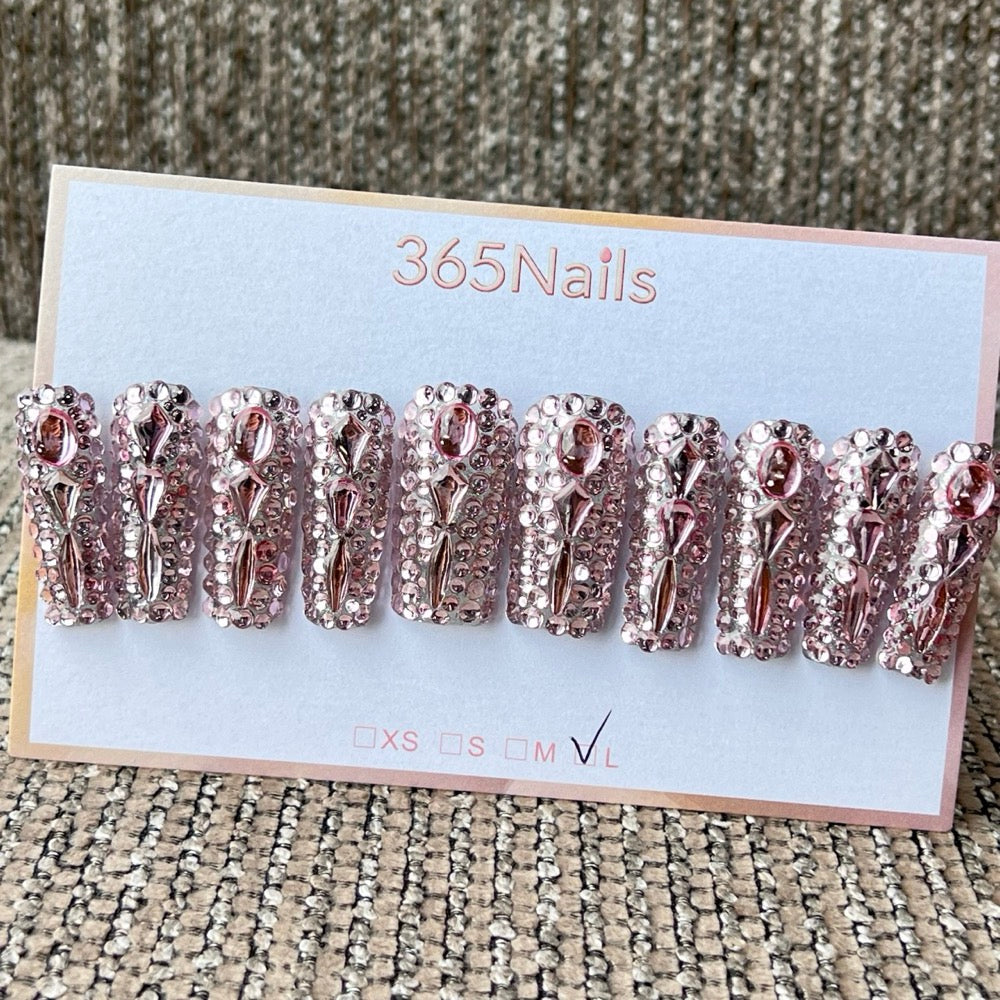 365nails: "Rose Gold Radiance" – ongles press-on fait main, forme coffin, cristaux 3D et strass
