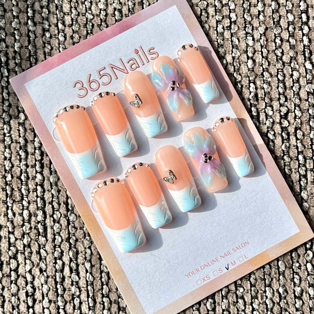 365nails: "Peach French Orchid" – Handmade Medium Square Press-On Nails