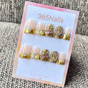 365nails: "Luxury Gold Foil Rhinestone Heart Floral Virgin Mary Metal" – Premium Bling Handmade Medium Square Nails