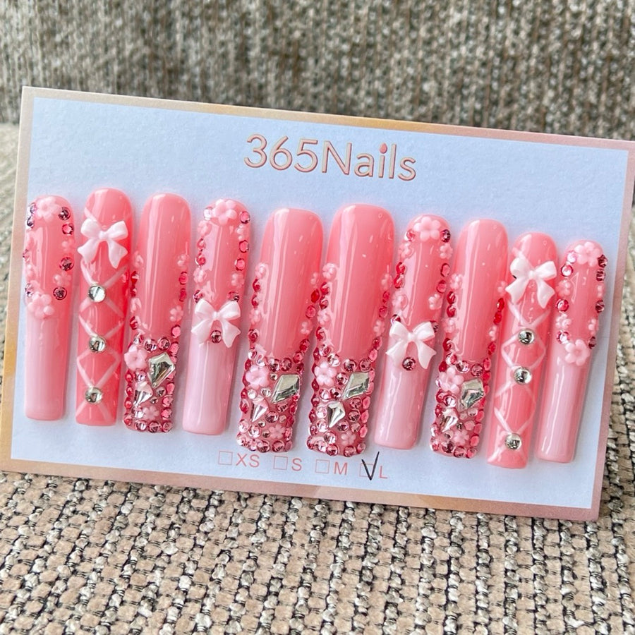 365nails: "Pink Bow Fantasy" – 3D Bow & Rhinestone Handmade Coffin Nails