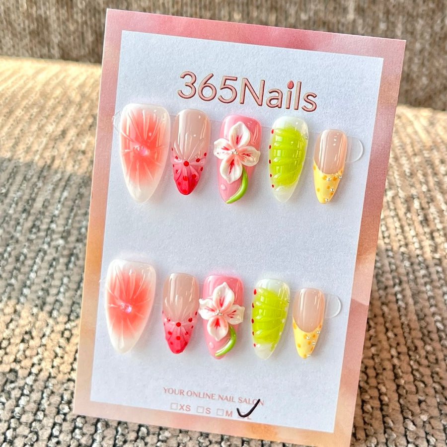 365nails 화사한 과일 플라워 3D 수제 미디엄 스틸레토형 프레스온 네일