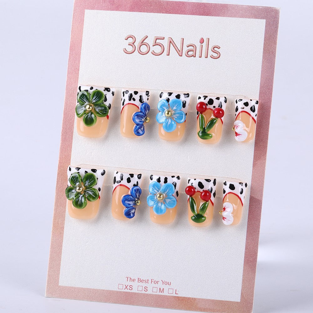 Creamy nude pink speckled French style × 3D cherry blossom short square press on nail