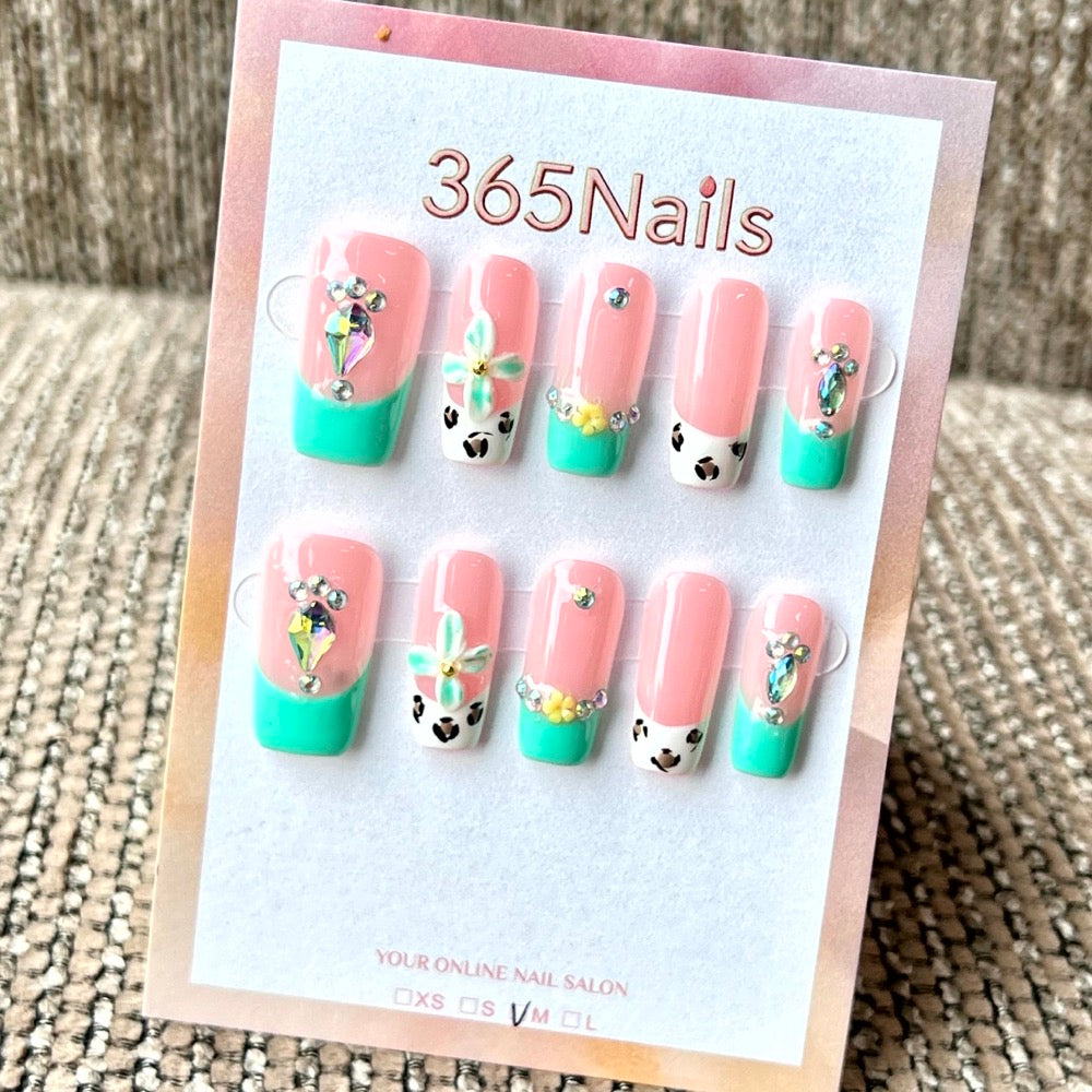 "Pink Mint French Crystal Leopard" - Wholesale Ultra-Soft Flexible Fit Handmade Nails (MOQ=100)