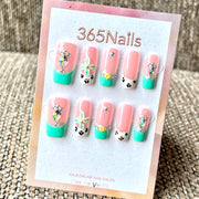 "Pink Mint French Crystal Leopard" - Wholesale Ultra-Soft Flexible Fit Handmade Nails (MOQ=100)