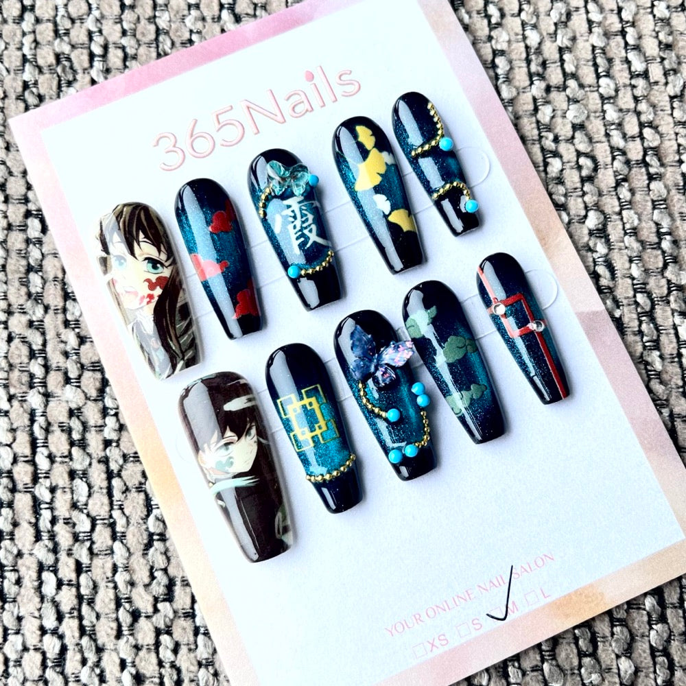 365nails: "Demon Slayer Muichiro Tokito" – Handmade Medium Trapezoid Press-On Nails