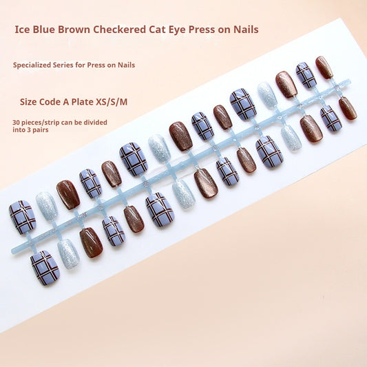 Nail Tips  prefabricated nail retro blue-brown contrasting color plaid fine flash cat eye removable nail patch 30 pieces｜365nails