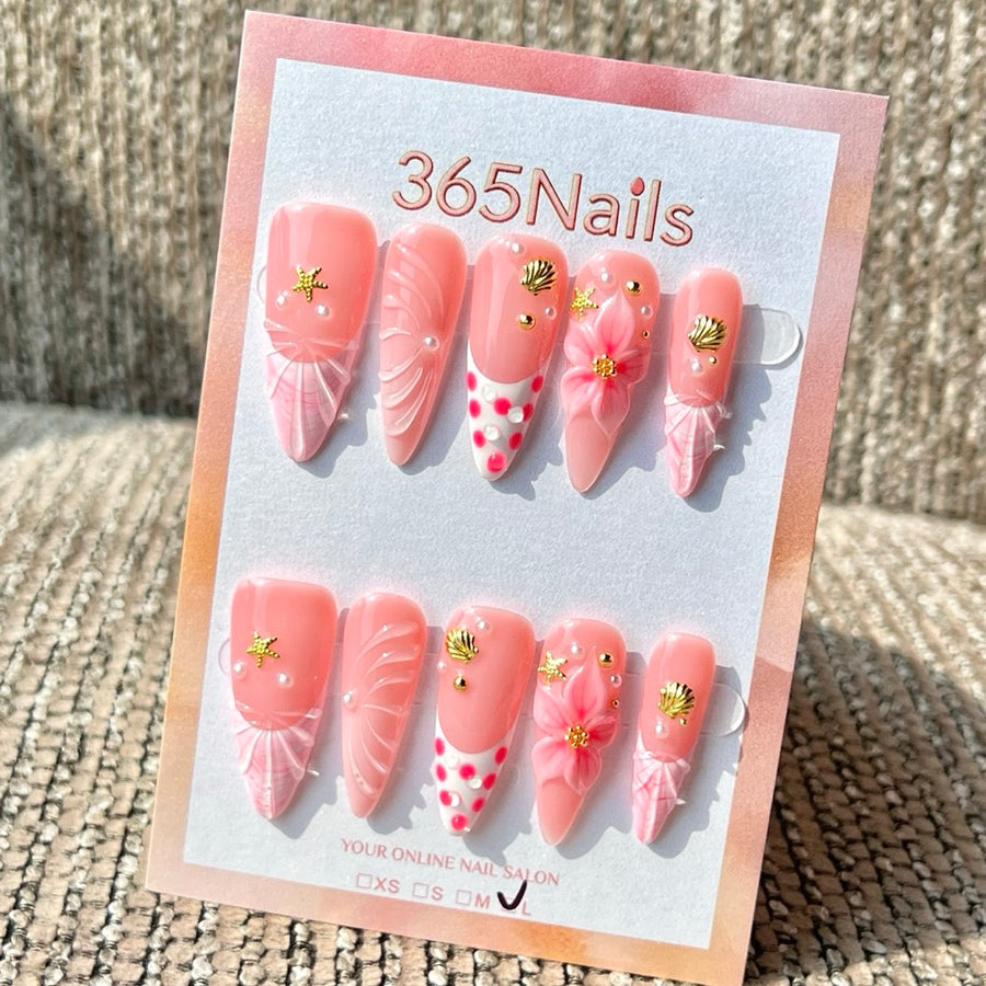 365nails: 수제 핑크 조개·플라워·불가사리 3D 미디엄 스틸레토형 프레스온 네일