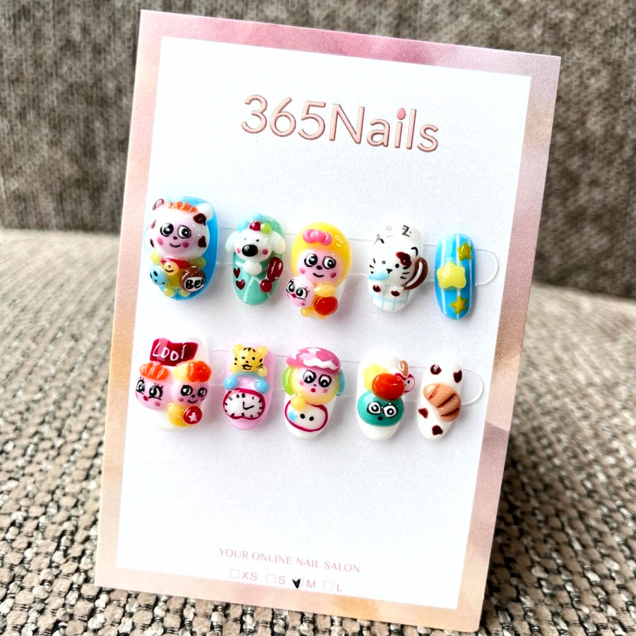 365nails: "Rainbow Friends Party" – 3D Cute Character Handmade Short Square Nails