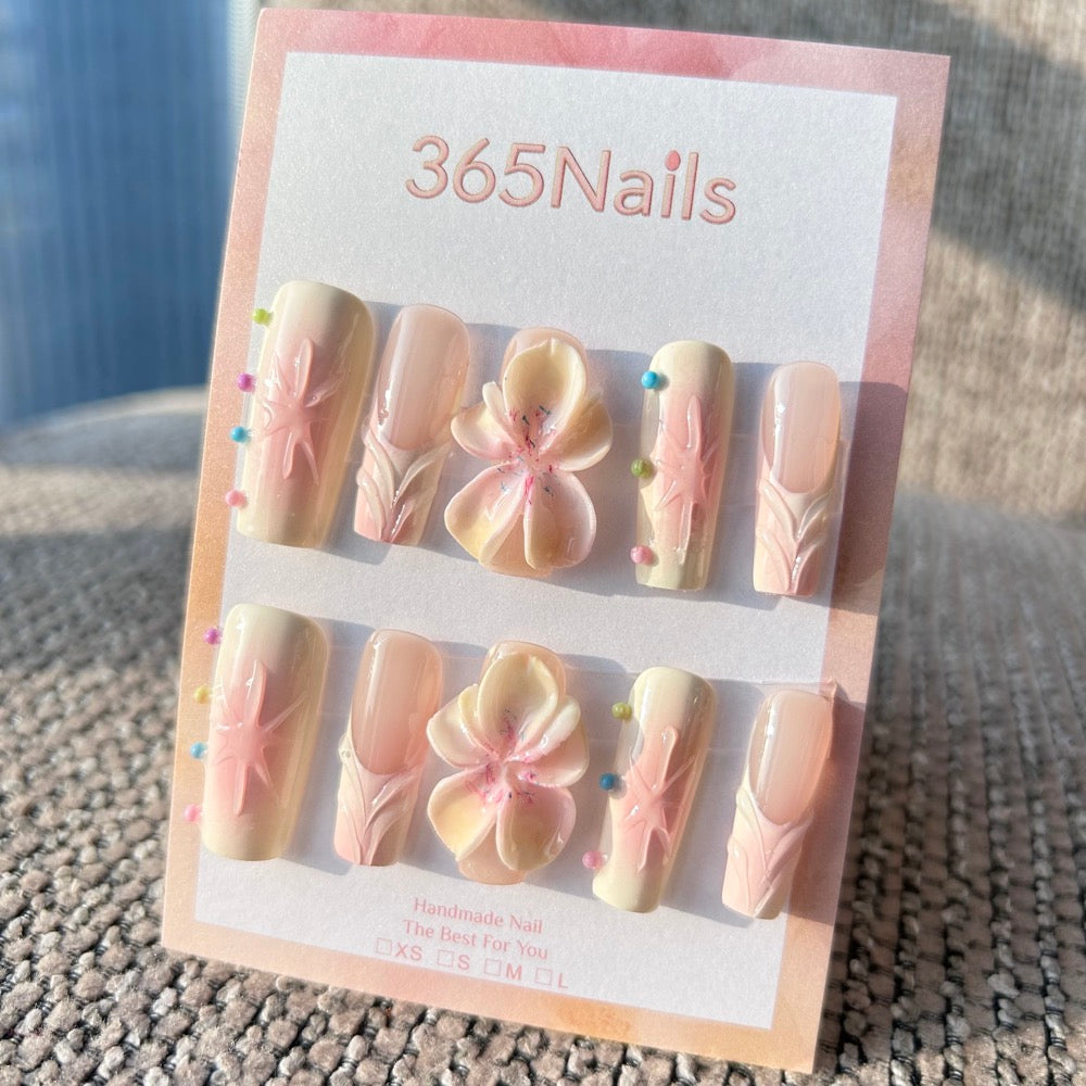 Sculpted Flora: "Pastel Dreamscape" – 3D Yellow Watercolor Flower & Embossed Stars on Creamy Pink Gradient Coffin Nails