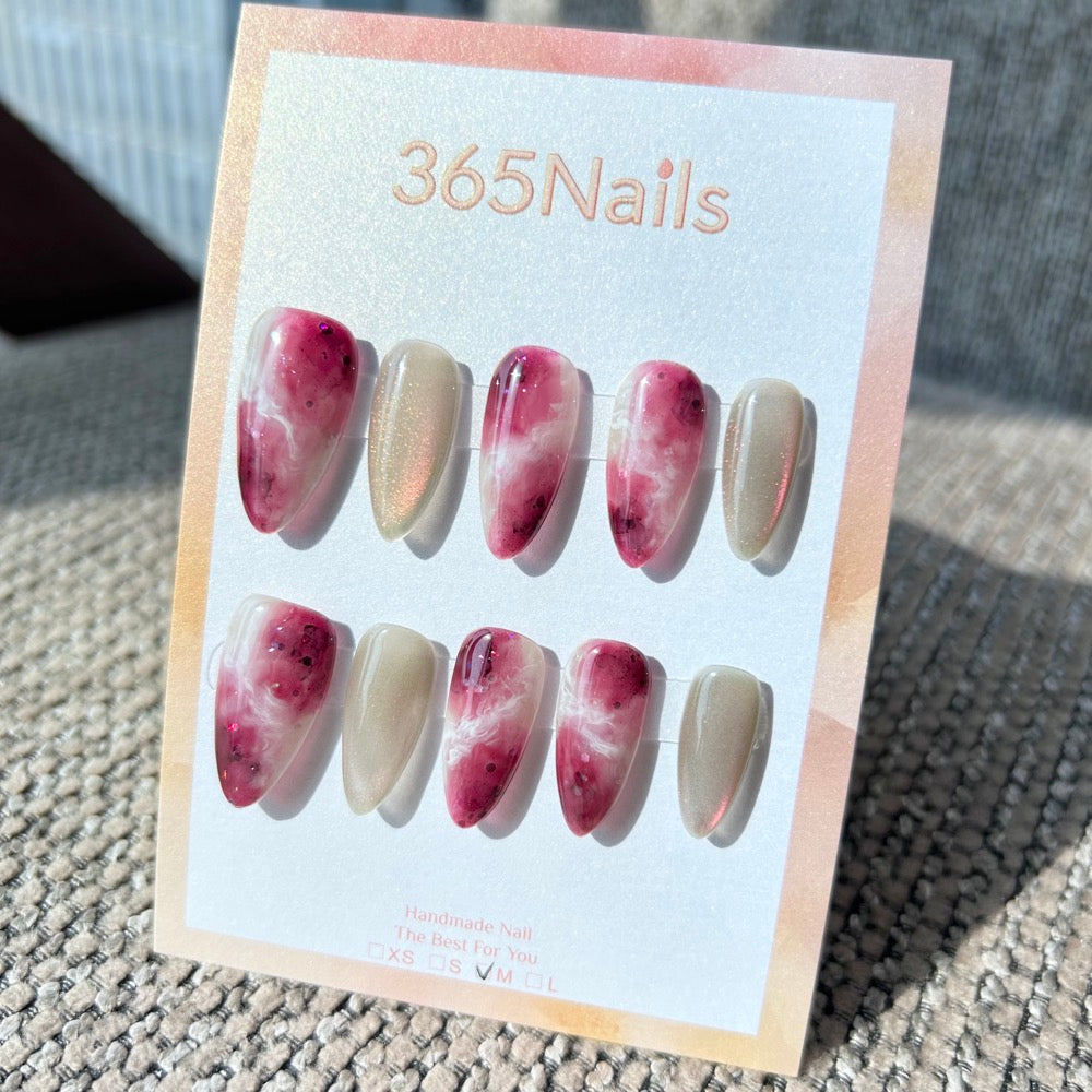 Ethereal Ink: "Plum Jade" – Burgundy Ink Marble & Sage Green Cat Eye Almond Nails