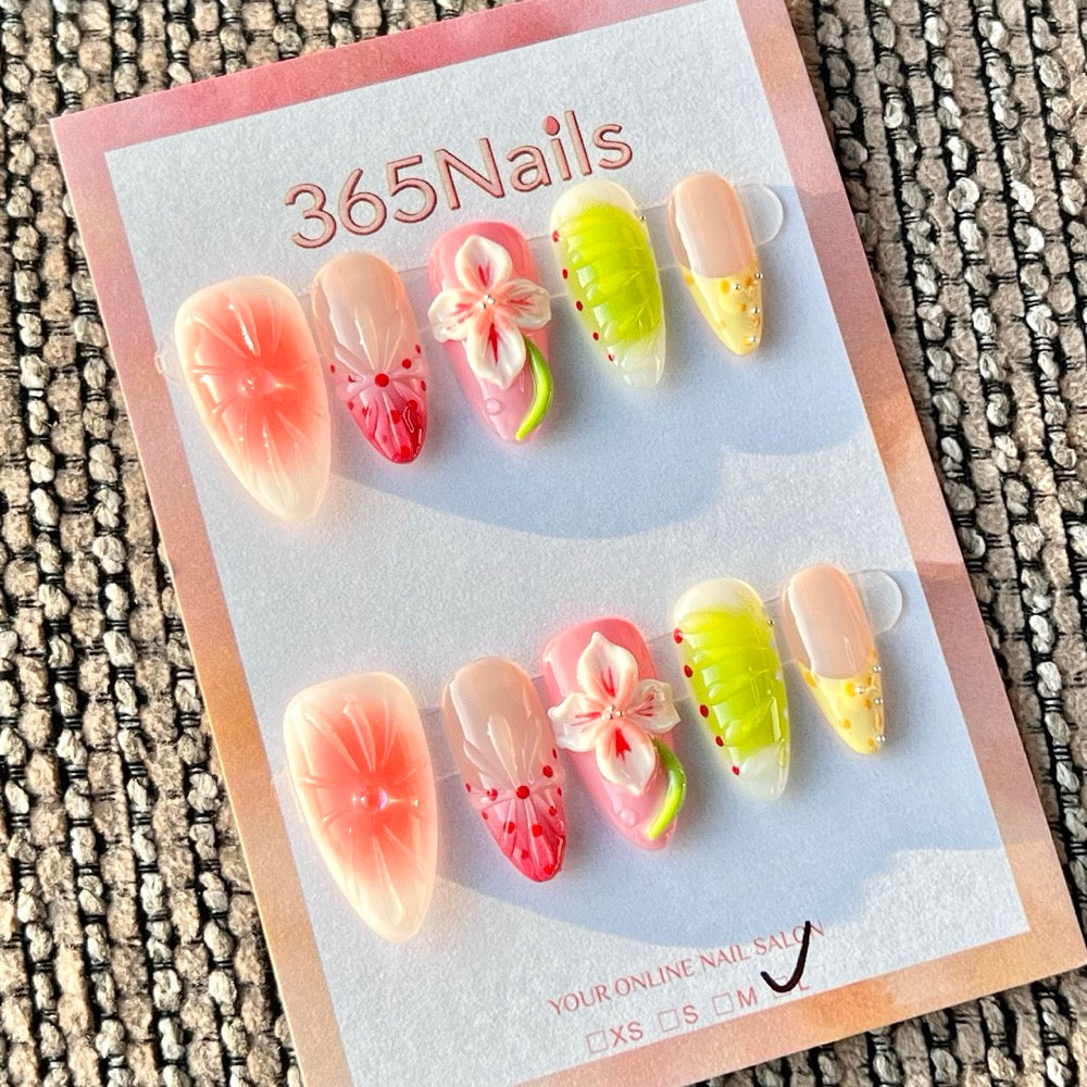 365nails: "Colorful Fruit Flower 3D" – Handmade Medium Stiletto Press-On Nails