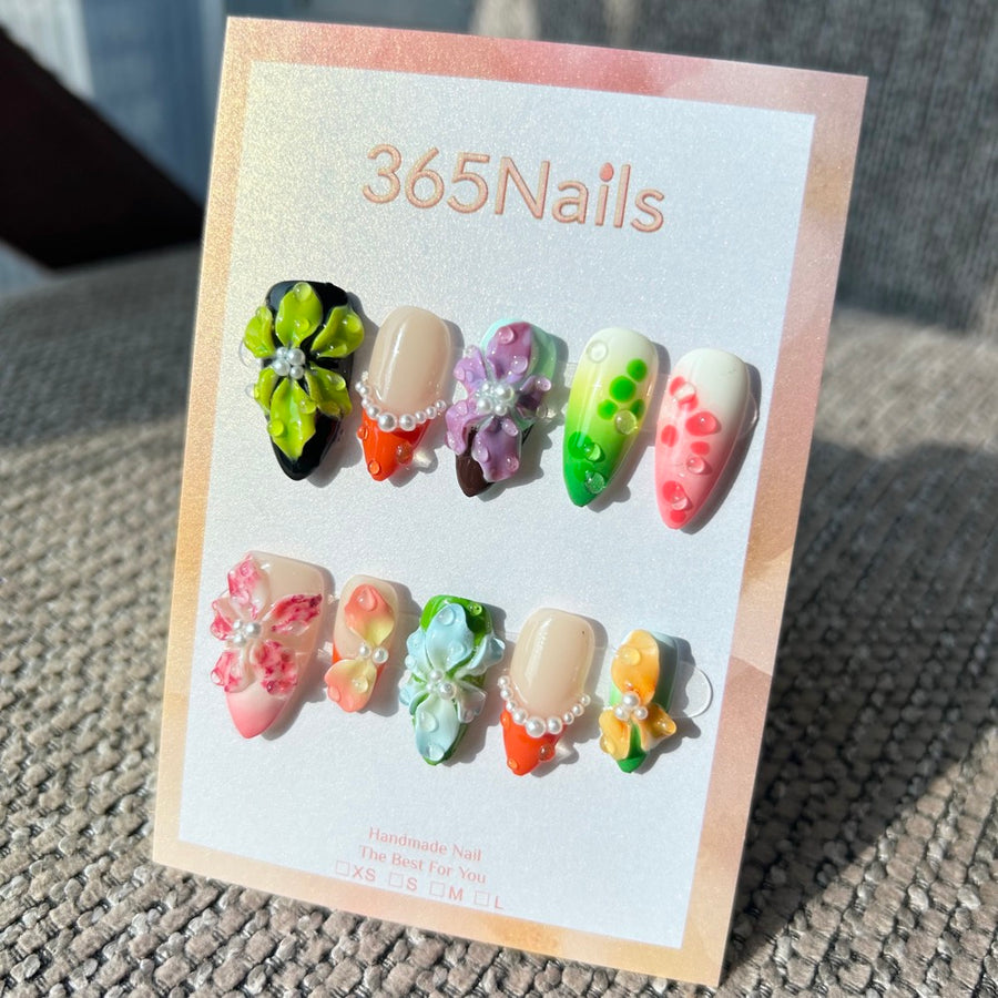 Handmade "Tropical Garden" Mixed Shape 3D Floral Press-on Nails | Dew Drops & Pearl French | Neon & Pastel