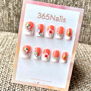 Pêche manucure française avec cristal et fleur - Vente en gros : ongles press-on ultra-doux, ajustement flexible, fait main (MOQ=100)