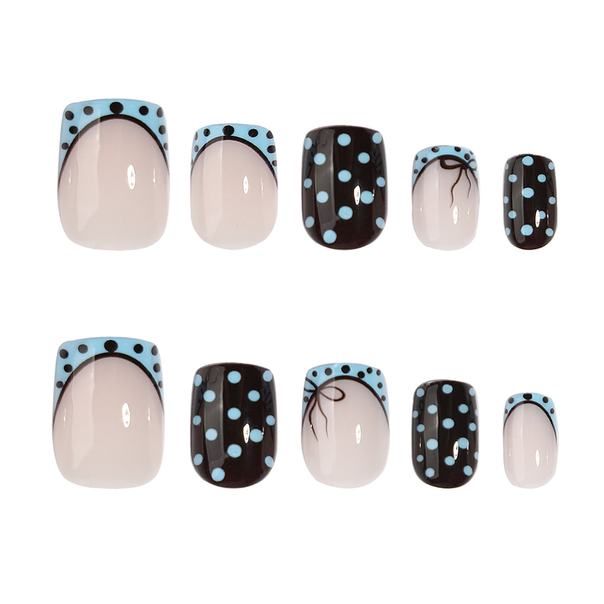 Two views of short square press-on nails with blue french tips and black polka dot designs