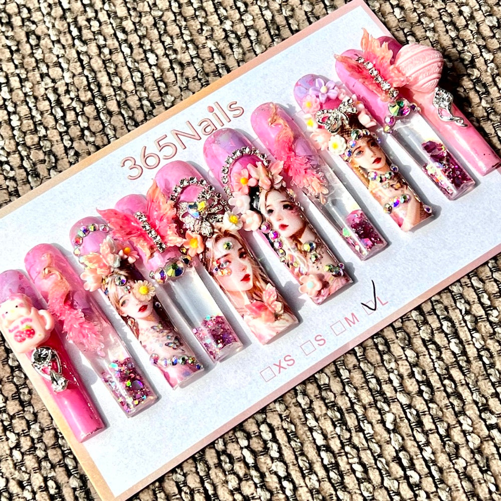 365nails: "Pink Fairy Princess" – Handmade Floral Liquid Motion Press-On Long Pipe Nails-5.5cm