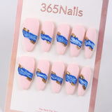 365Nails Matte Blush Press-On Nails with Royal-Blue Brush Strokes and Gold Accents