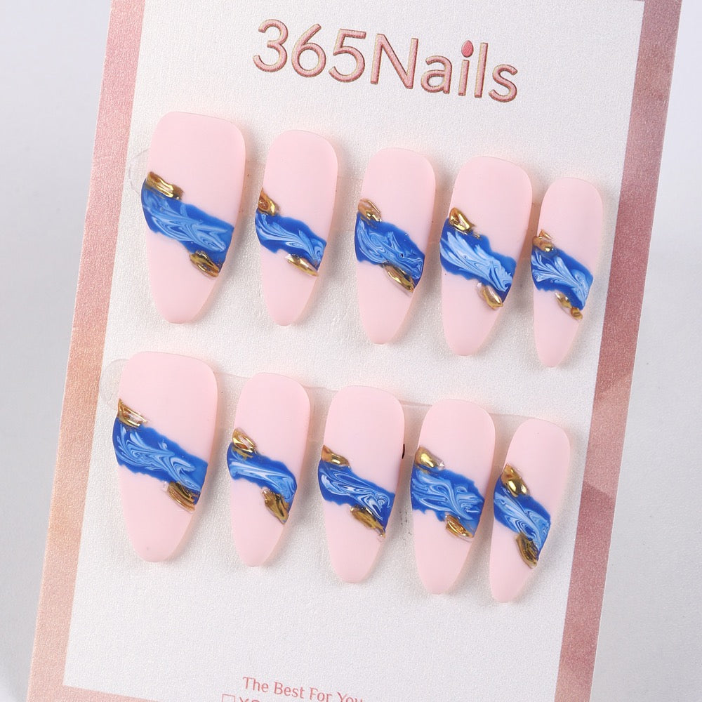 365Nails Matte Blush Press-On Nails with Royal-Blue Brush Strokes and Gold Accents