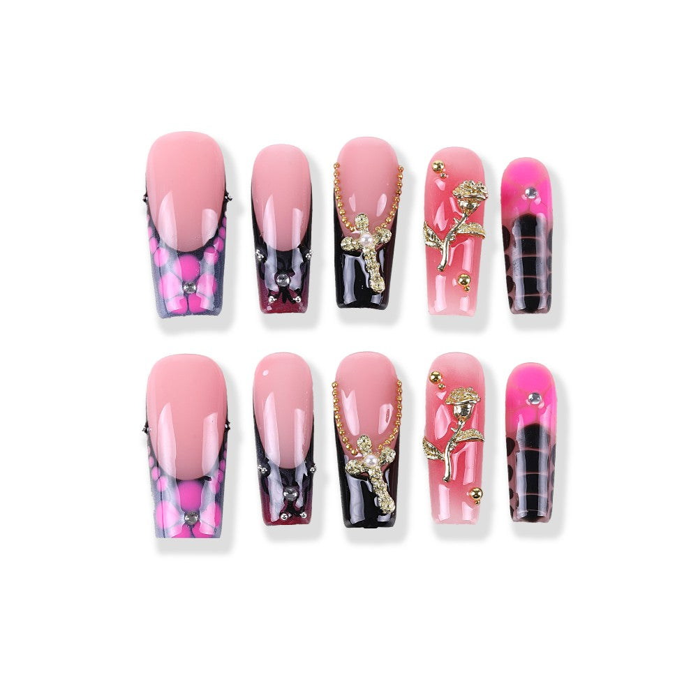 Pink and black checkered French medium coffin chain cross rose press on nail