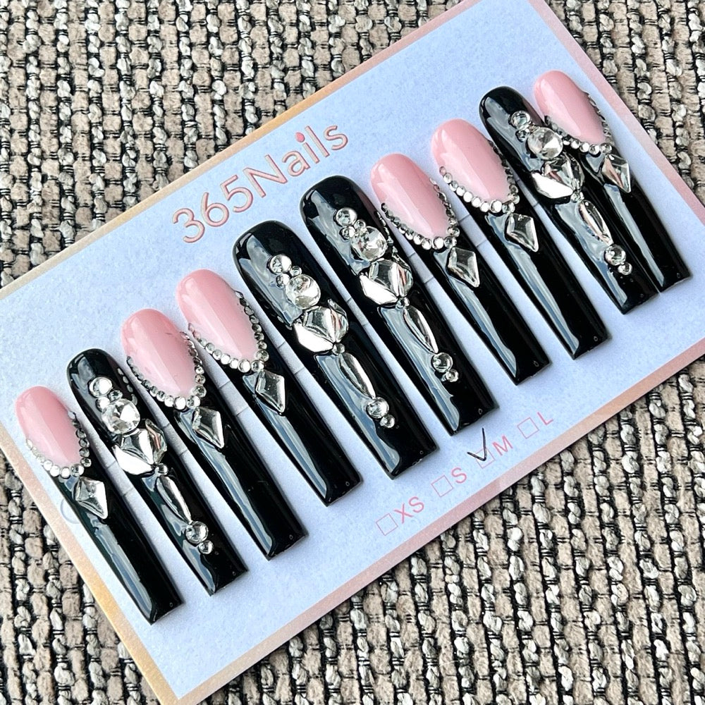 365nails: "Gothic Opulence" – 3D Crystal Cluster Handmade Press on Nails Long Coffin Nails