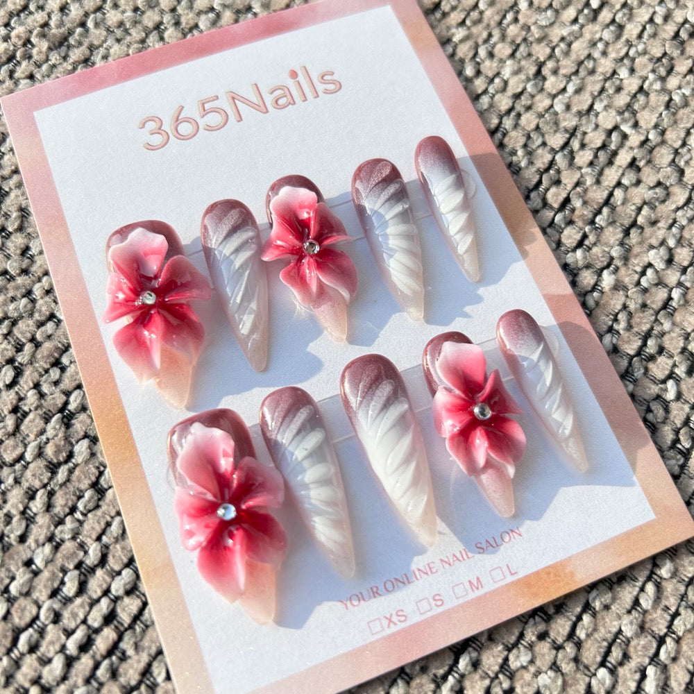 Sculpted Flora: "Vintage Wine & Cream Rose" – 3D Gradient Floral on Burgundy-White Ombre Coffin Nails with Ribbed Texture