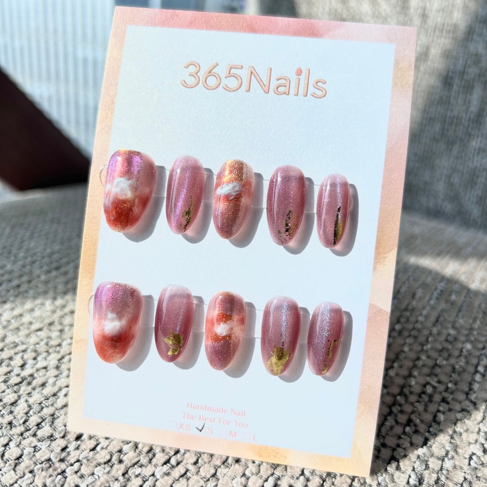 Ethereal Ink: "Rosy Sunset" – Dusty Rose Cat Eye & Terracotta Cloud Marble with Gold Foil Oval Nails