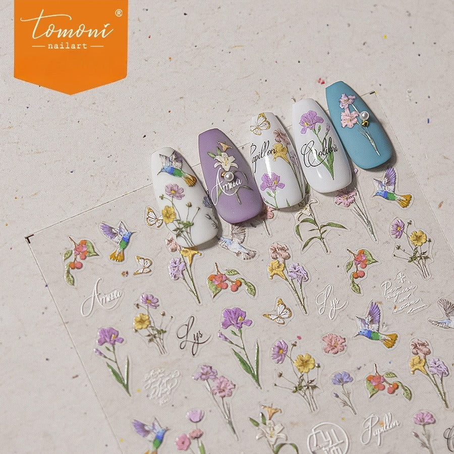 Adesivos de Unha Orientais Florais & Borboletas – Conjunto Jardim Encantado 5D em Relevo