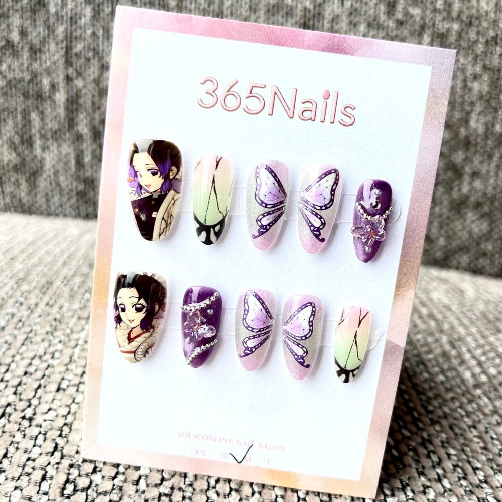 365nails: "Demon Slayer Shinobu Kocho" – Handmade Short Almond Press-On Nails