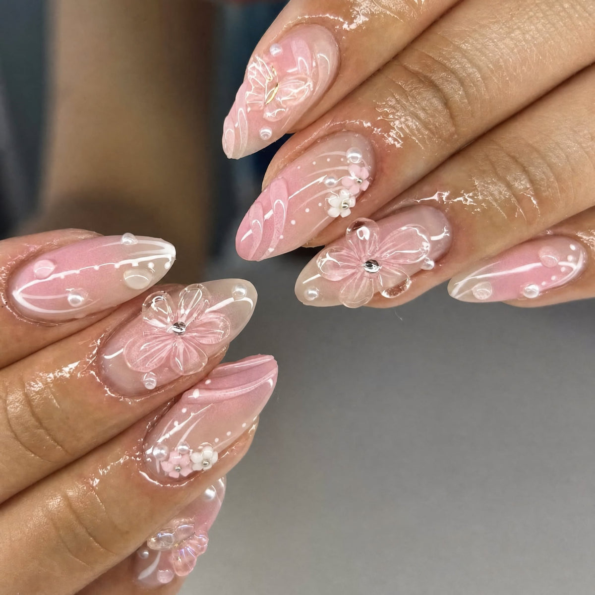 3D French Floral Glossy Pink White Almond Short Press On Nails – Design 17