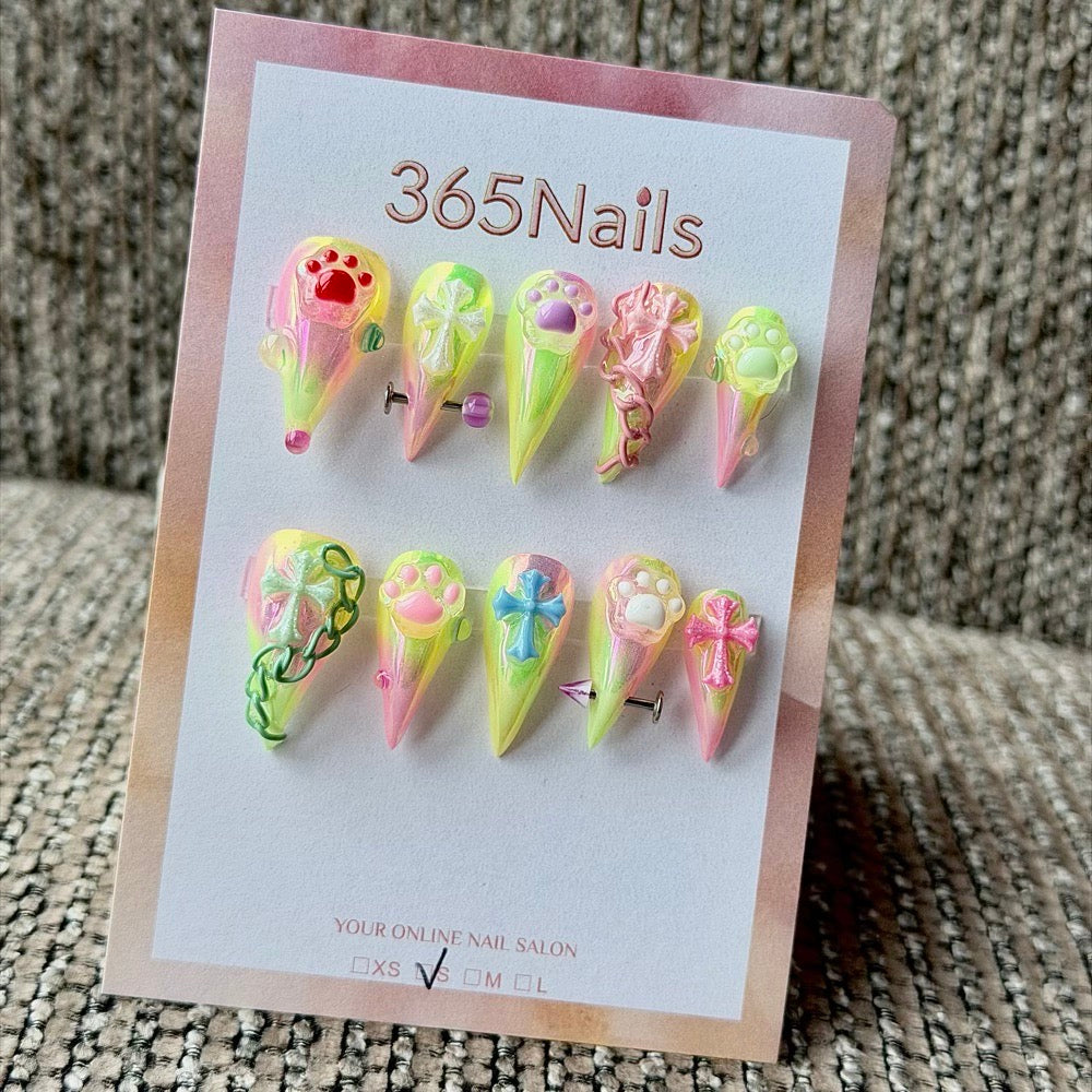 365nails: "Neon Cat Paw Cross Y2K" – 3D Colorful Chain Spike Handmade Stiletto Nails