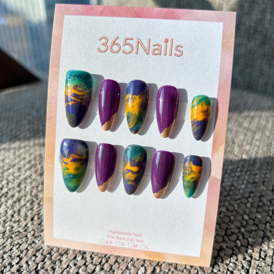 Van Gogh's Night & Mystic Aurora Vintage Purple Green Contrast Oil Painting Nails ｜ Handmade Smudge Series(moq=30)