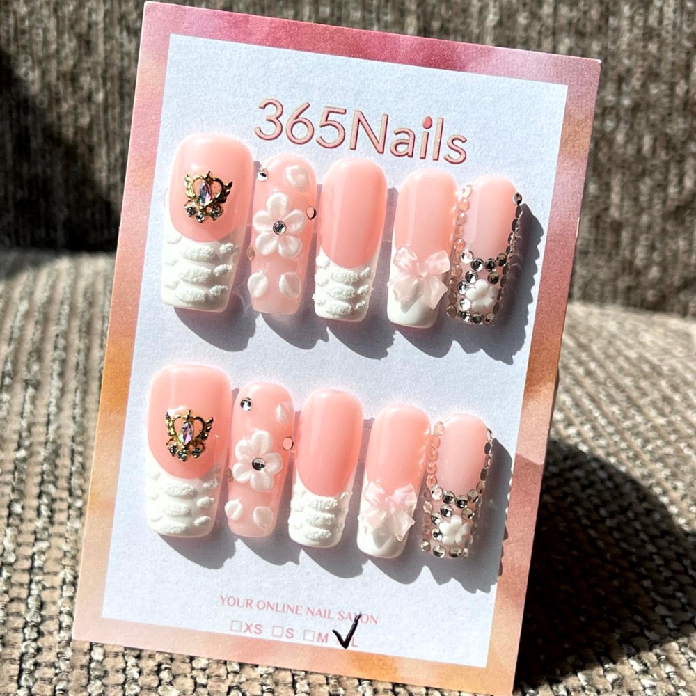365nails: "Angelic Whispers" – 3D Floral & Jewel Handmade Almond Nails