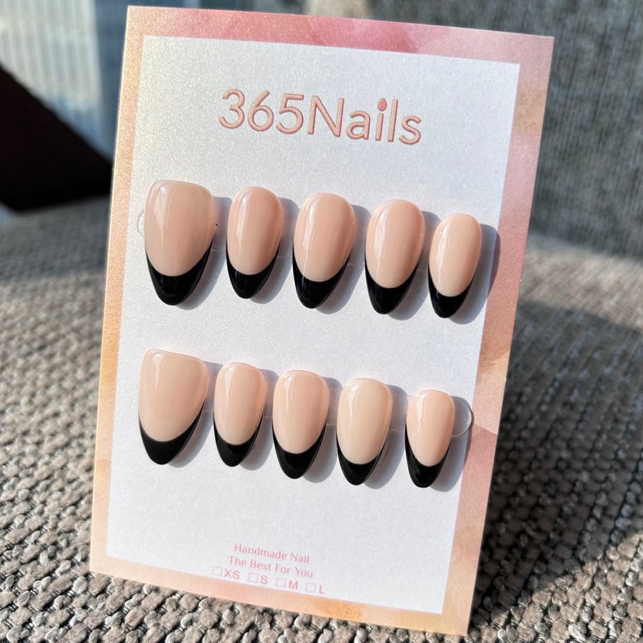 Handmade Nude Base Black French Tip Press-On Nails (Solid Color/Custom/Almond)