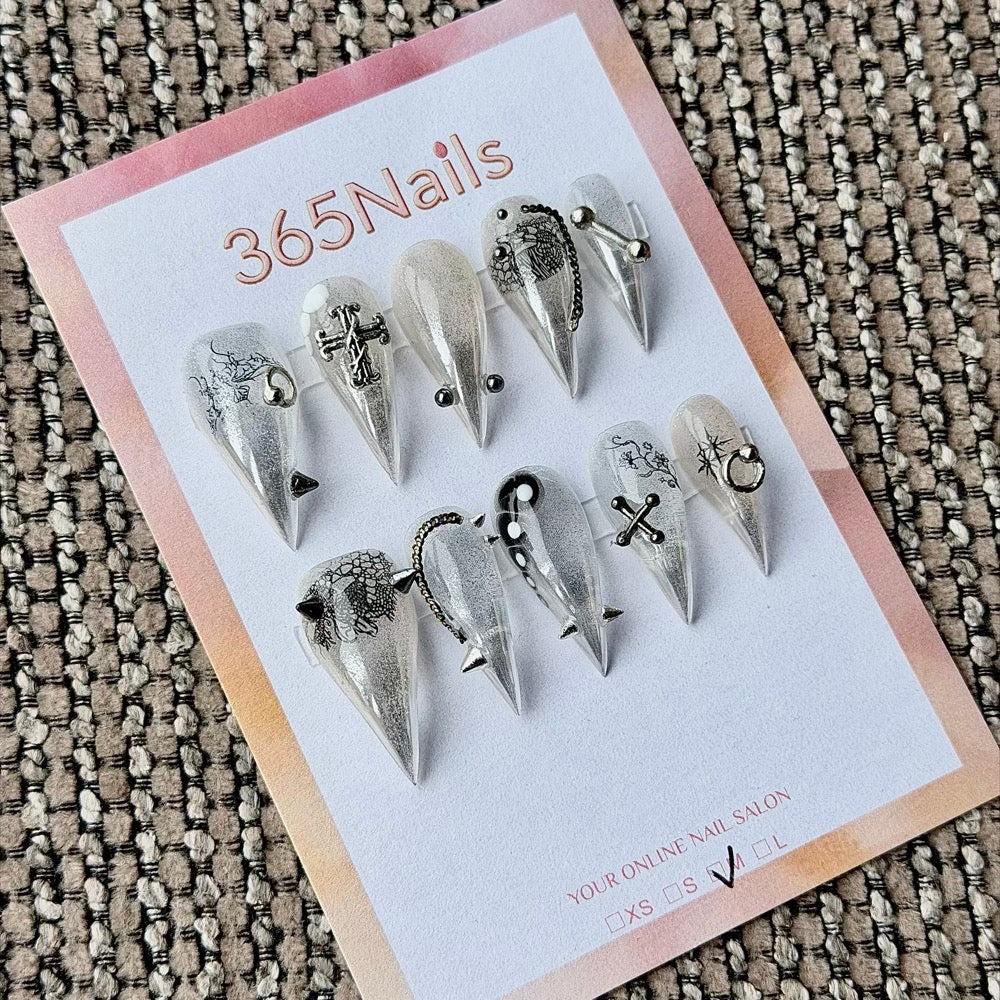 365nails: "Dark Vine Cross Piercing Punk" – 3D Metal Piercing Charm Handmade Medium Stiletto Nails