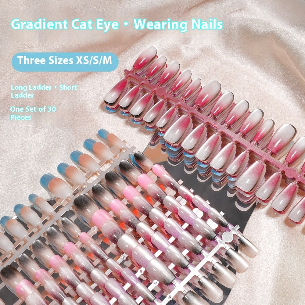 Nail Tips Gradual change cat eye press on nails, wearable fake nail removable sub-code bar prefabricated cat eye press on nails piece