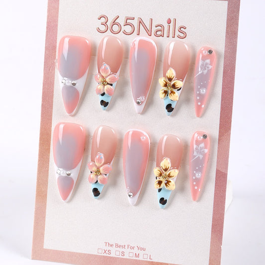 365Nails Nude-Coral Gray Ombre with 3D Golden Flowers and French Pearl Accents Press-On Nails