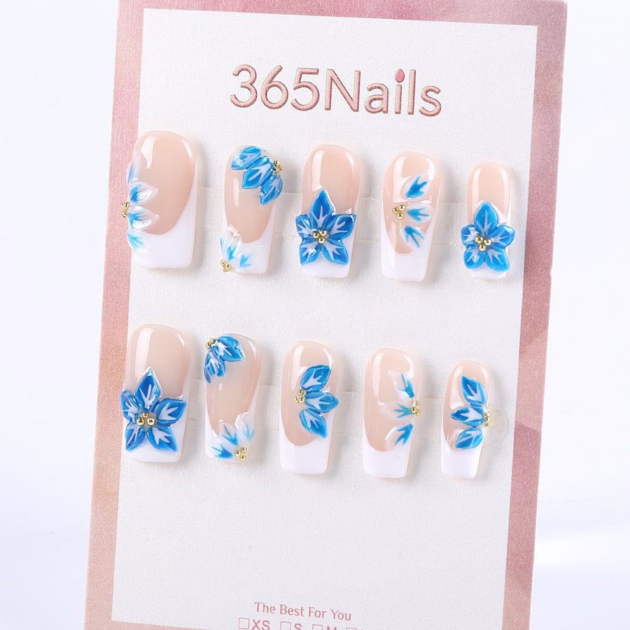 Nude and Blue 3D Floral Press-On Nails with Gold Accents ( MOQ=5pcs )