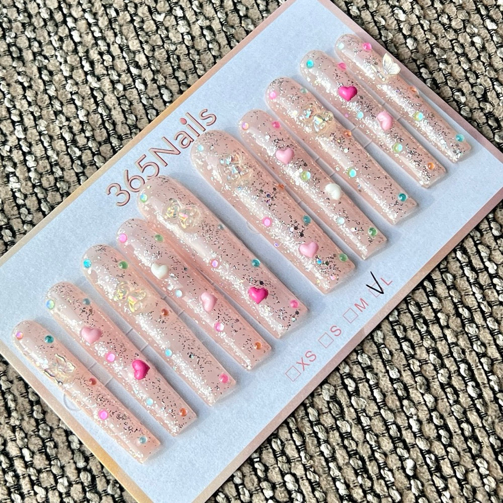 365nails: "Pink Glitter Bear Heart Butterfly Long" – Handmade Long Trapezoid Press-On Nails
