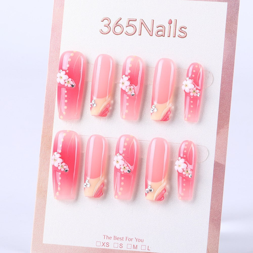 Cherry pink shimmer 3D small flower long coffin press on nail