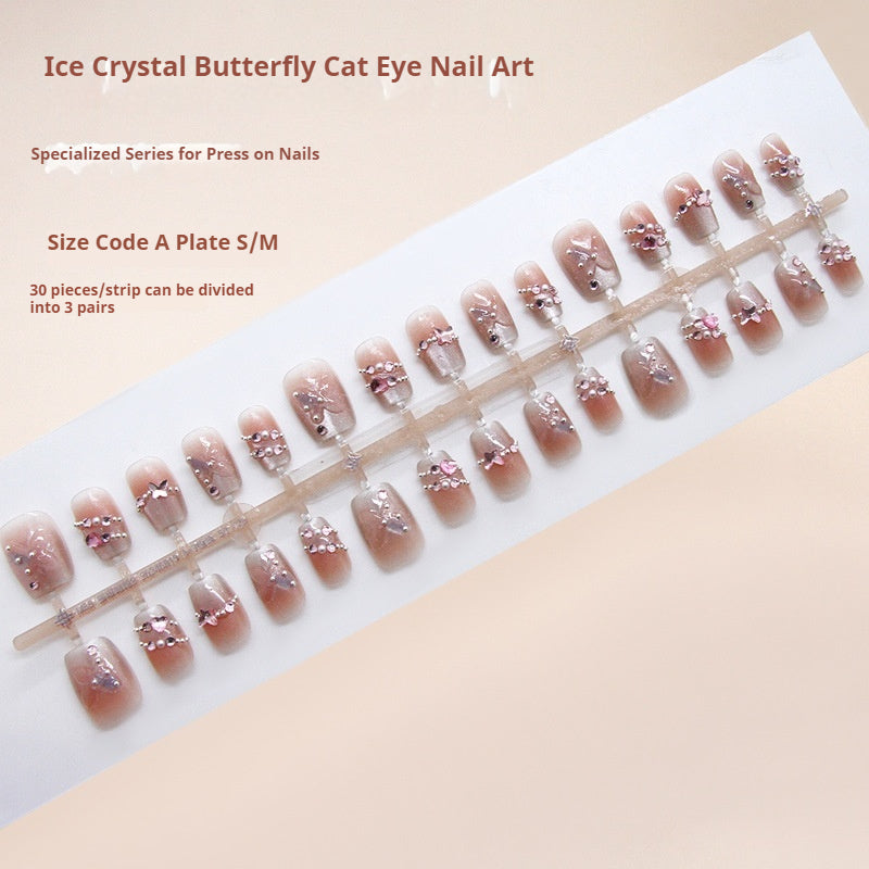 Nail Tips  prefabricated nail bright three-dimensional butterfly gradual change French cat eye sweet white diamond removable manicure 30 pieces｜365nails
